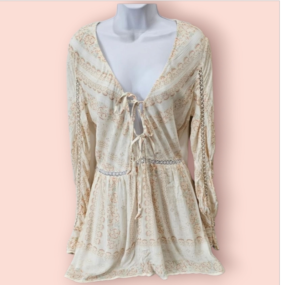 Rahi cali Peach Floral mini boho V Neck  Front Tie Long Sleeve beach Mini dress